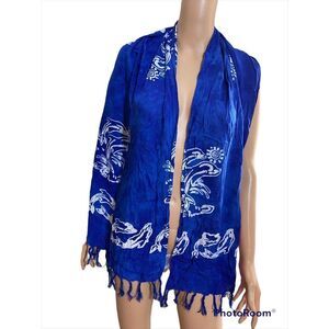 Young Fashion Blue Hawaiian Print Fringed Scarf